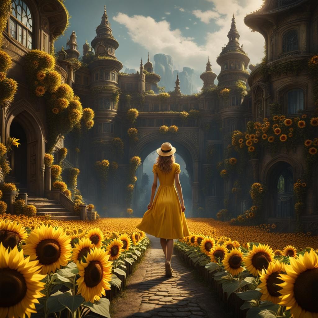 Scary Sunflowers Watch Girl on Path: Fantasy Art