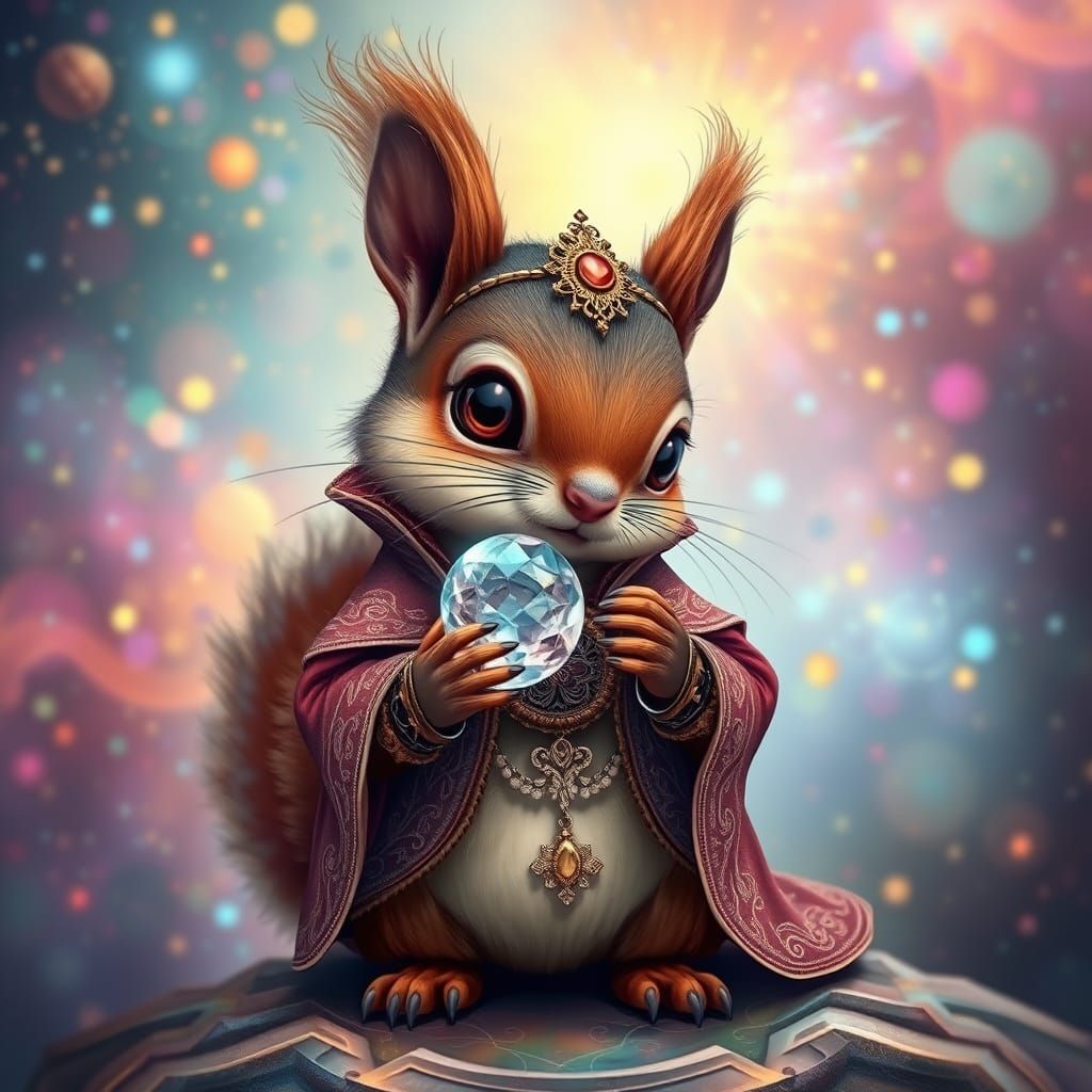 Whimsical Squirrel with Glass Acorn, Visionary Art
