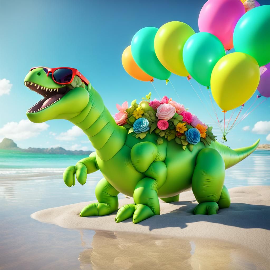 Lime Dinosaur on Beach with Balloons
