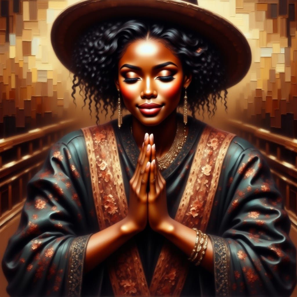 A Beautiful Black Woman in Church Attire Prays in Soft Light