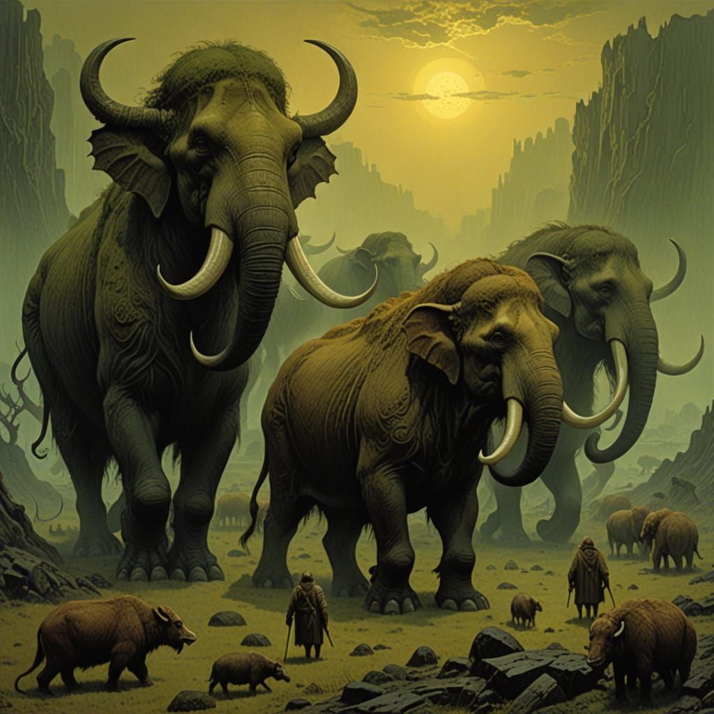 Mastodon Herd in Gothic Fantasy Landscape