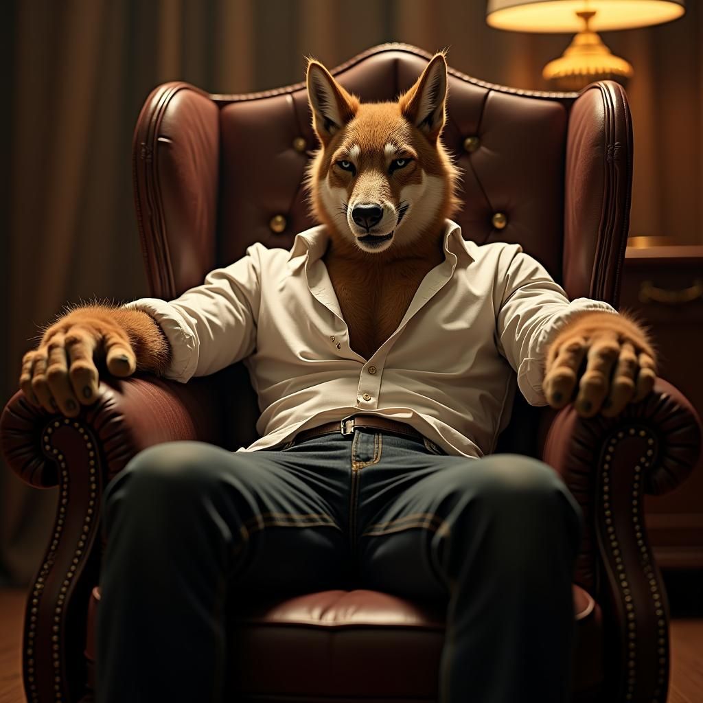 Anthropomorphic Male in Ornate Chair, Hyper-Realistic