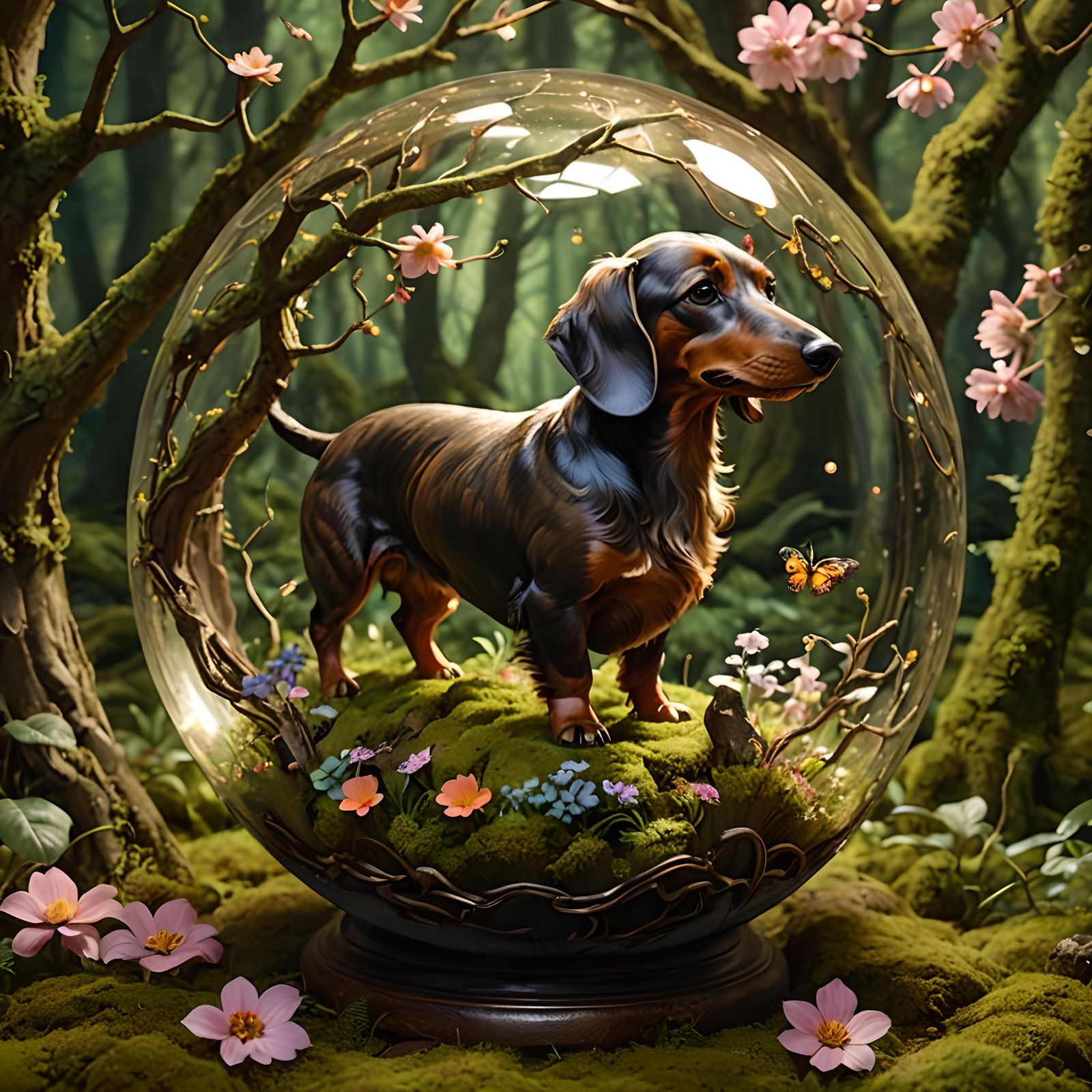 Dachshund in Glass Orb, Mystical Forest Concept Art