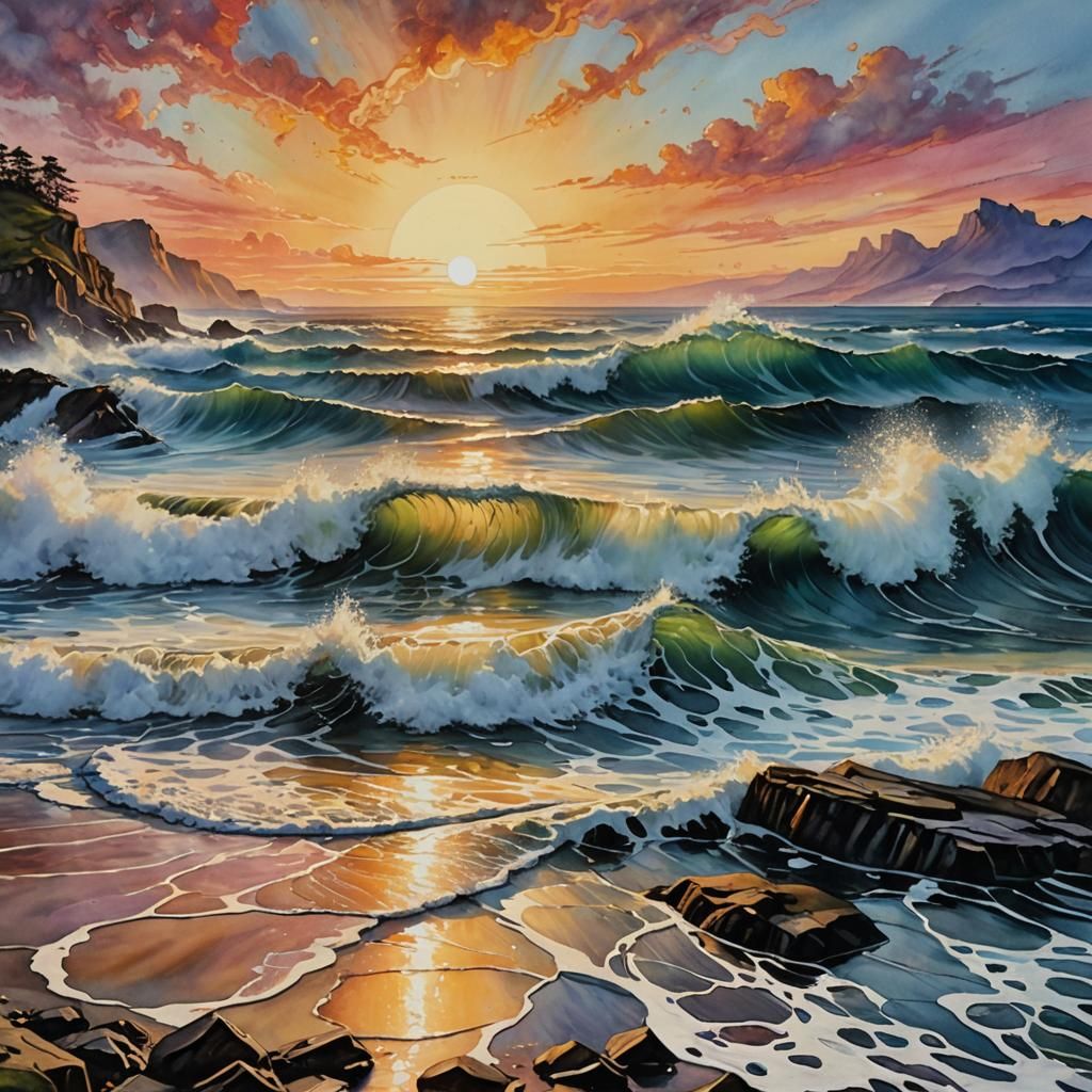 Sunrise Waves: A Watercolor Graffiti Masterpiece