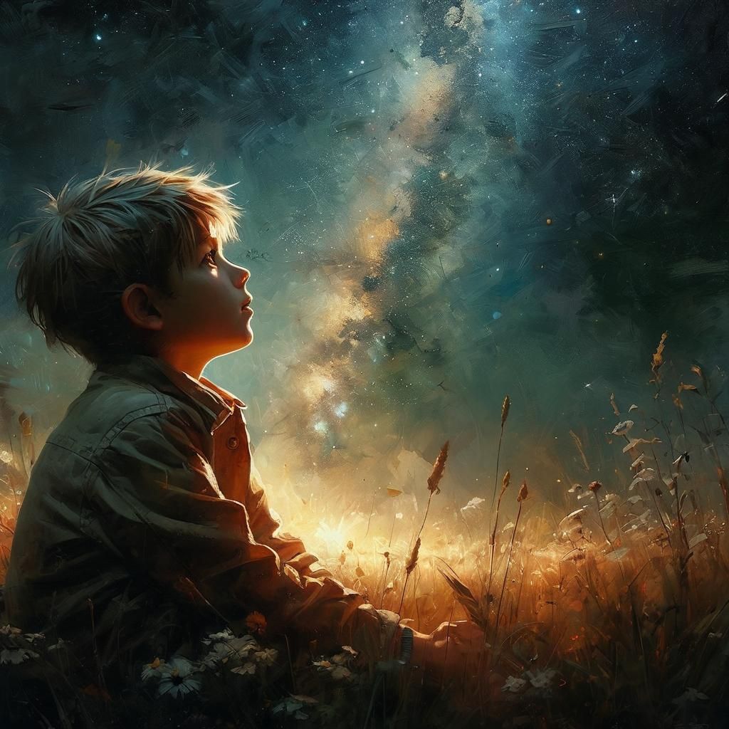 Boy Stargazing in Meadow: Aged Oil Painting