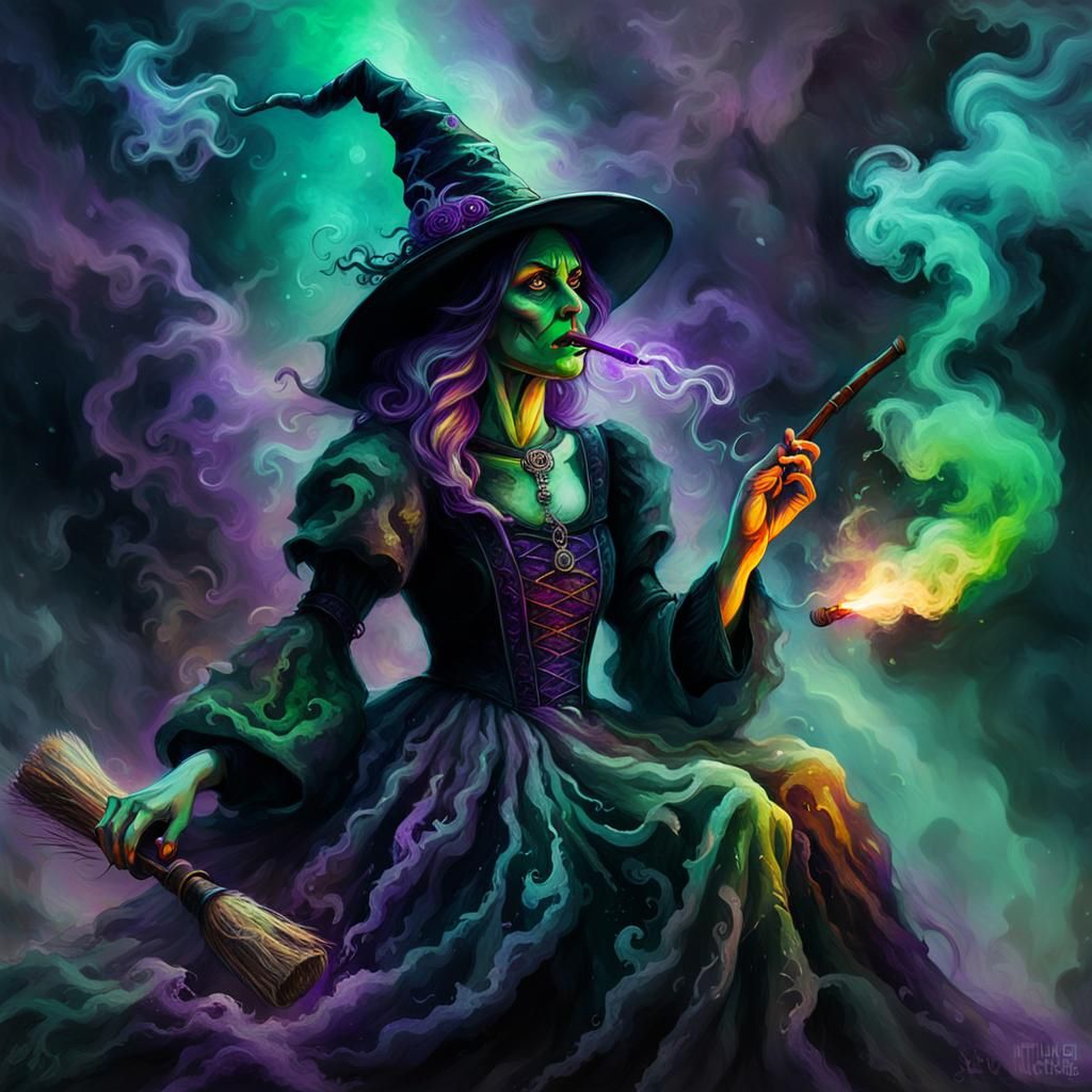 Witch Smoking in Mid-Air: Dark Fantasy Art