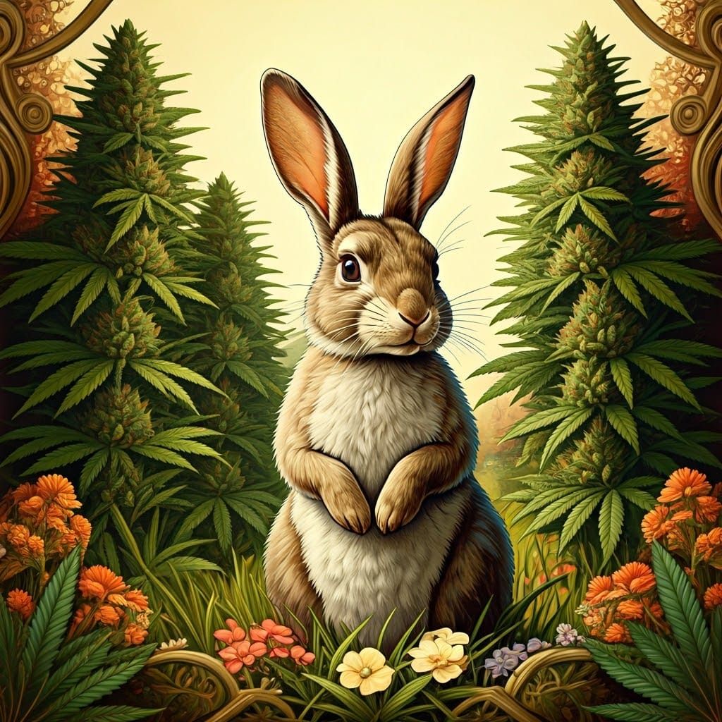 Currier and Ives magical rabbit with huge dank cannabis buds.