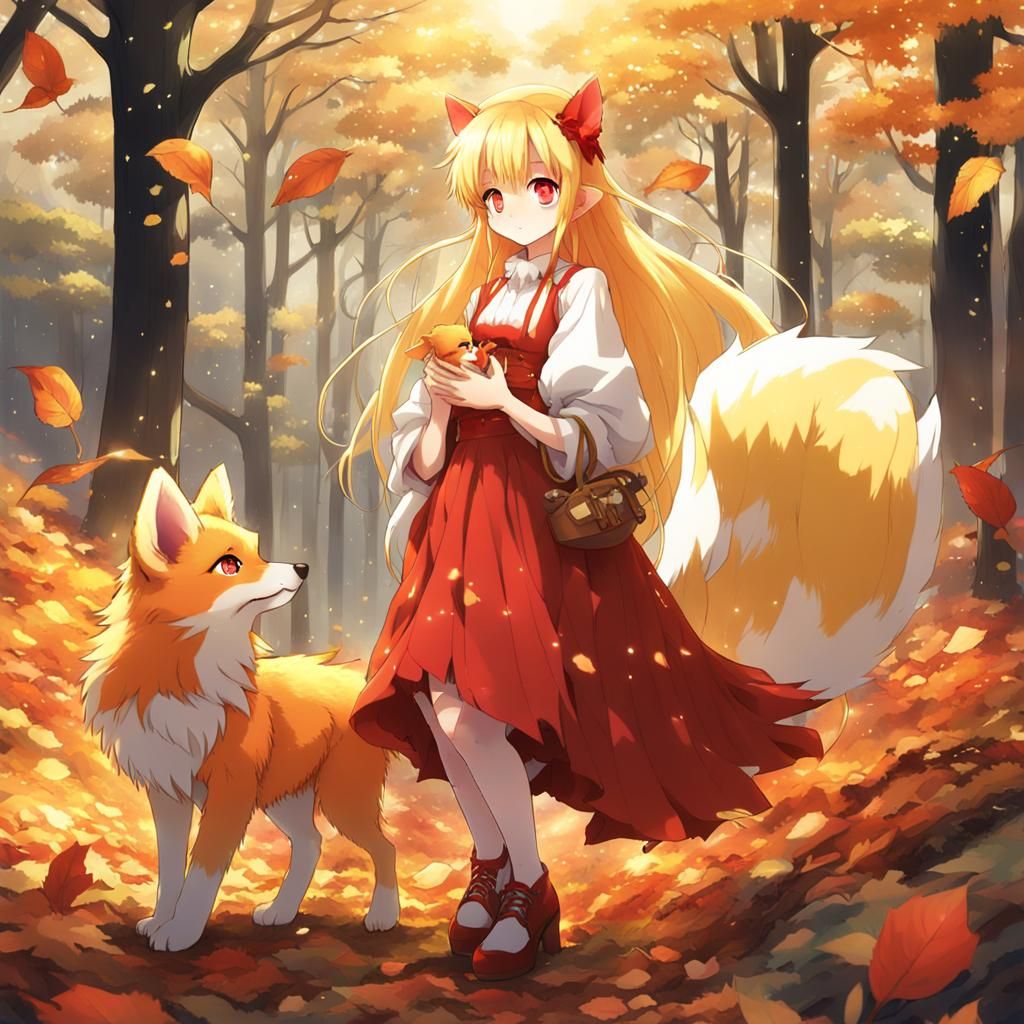 Autumn Fairy with Fox Companion in Anime Style