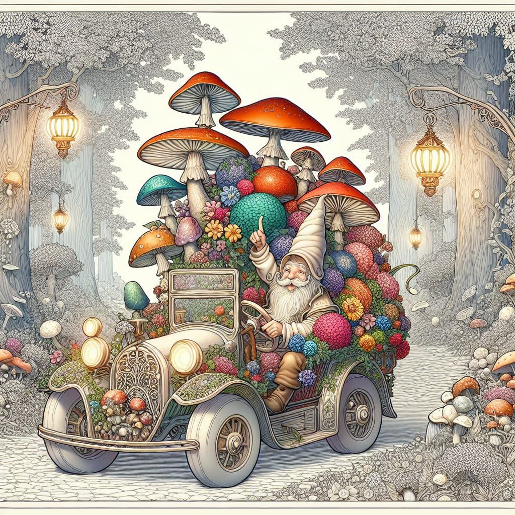 Gnome Drives Mushroom Car Through Enchanted Forest