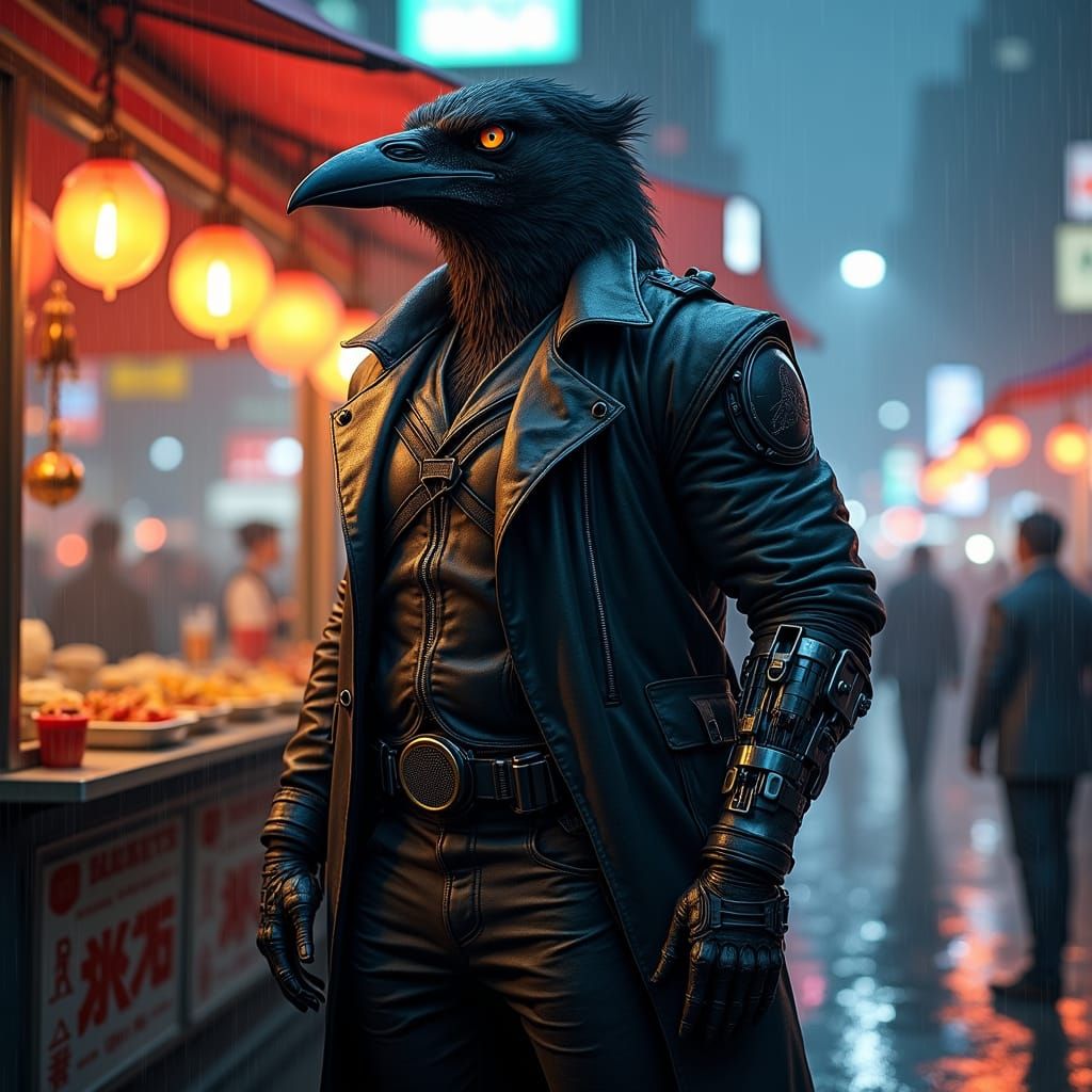 Cyberpunk Crow Person at Rainy Food Stall