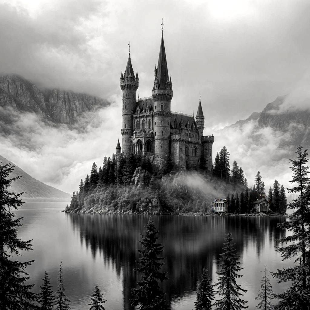 Neo Gothic Castle on a Serene Island Lake