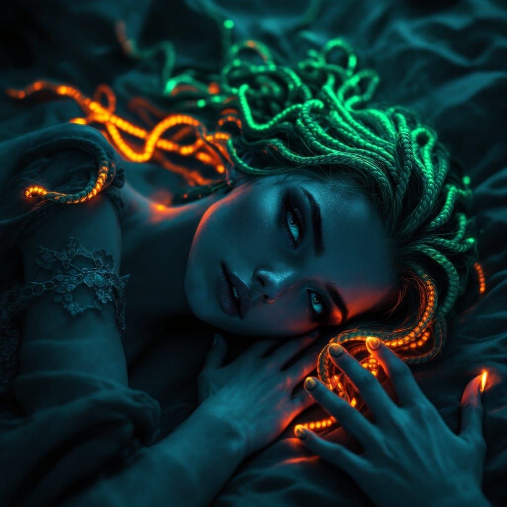 Ethereal Nordic Goddess with Neon Halo and Grayscale Skin