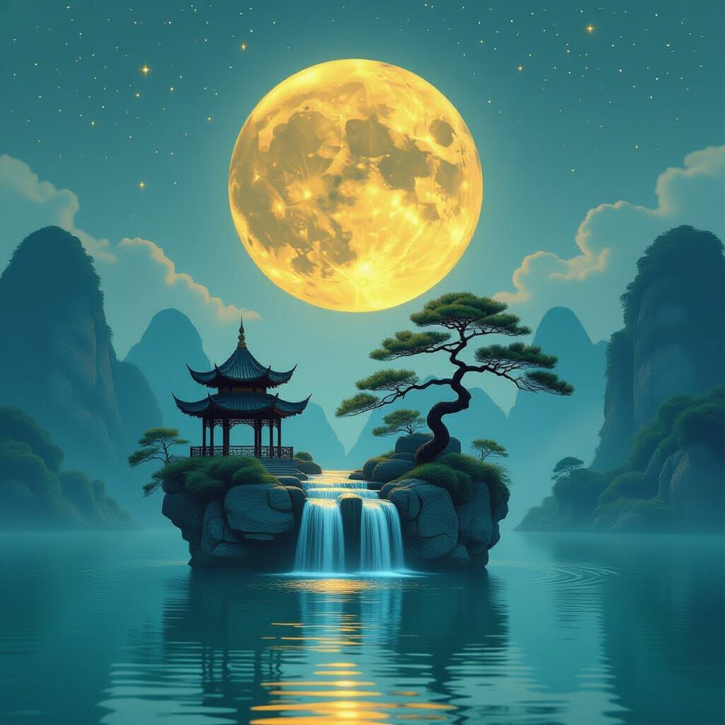 Dreamlike Moonlit Island with Chinese Pavilion