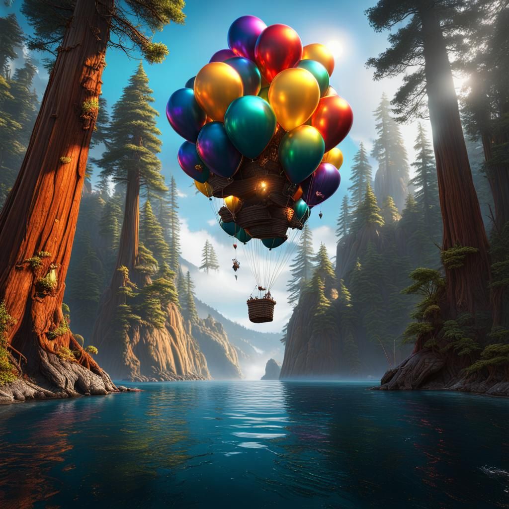 Surreal Landscape with Balloons, Redwoods, and Rainbow