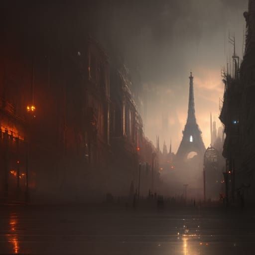 Post Apocalyptic Paris with Eiffel Tower , destroyed buildings, horror, detailed matte painting, deep color, fantastical...