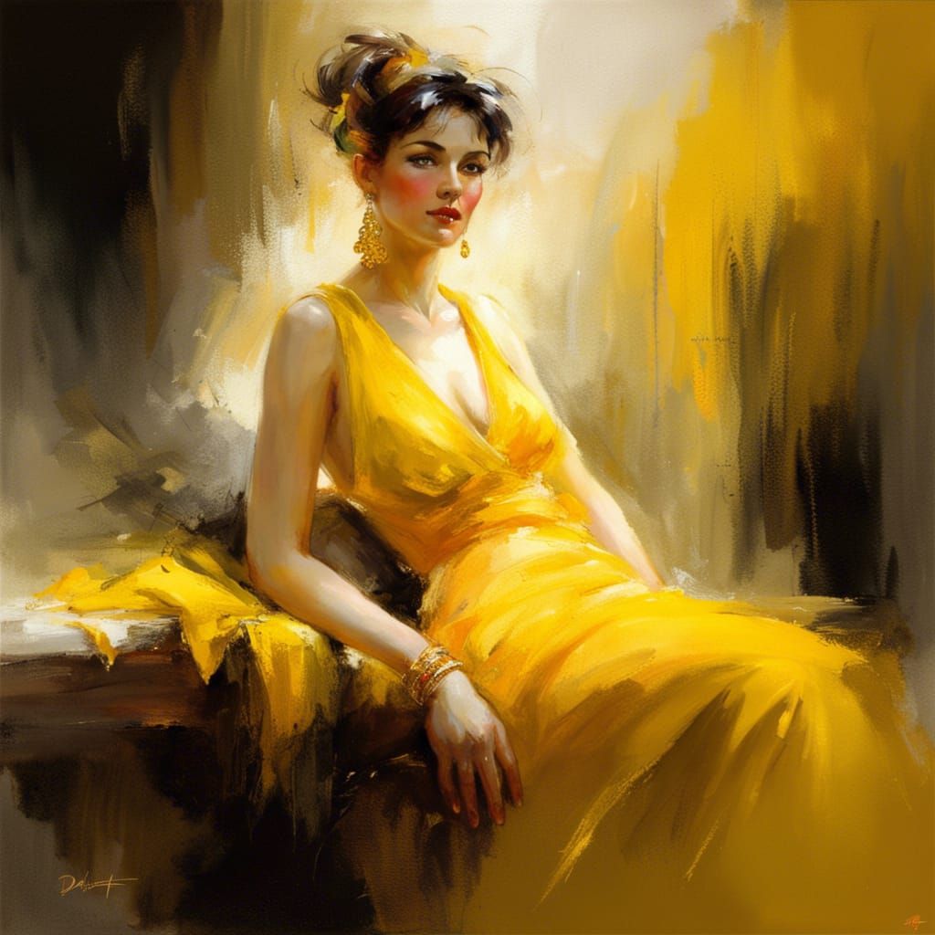 Figure Adorned in Yellow, Romantic Realism Portrait