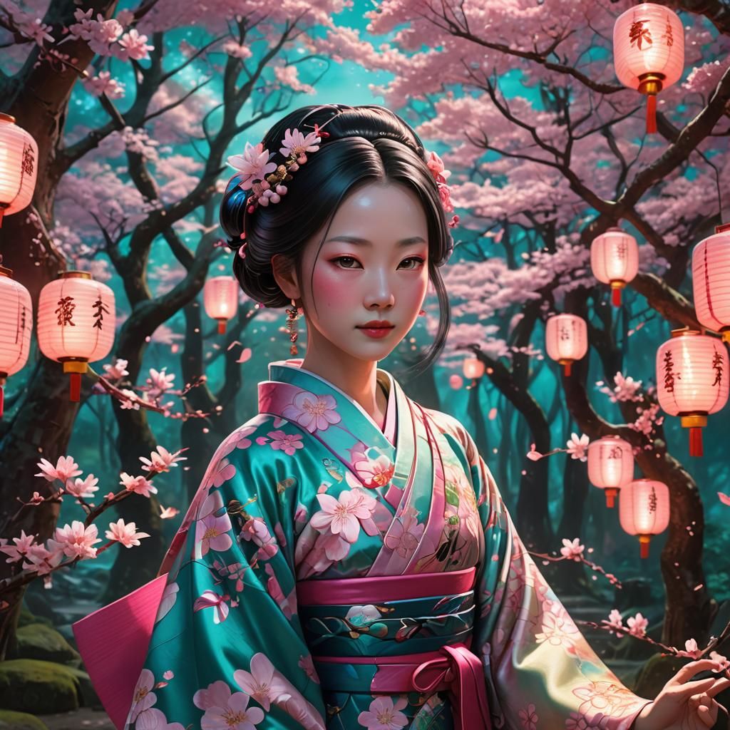 Lush Forest Portrait with Japanese Mythology Flair