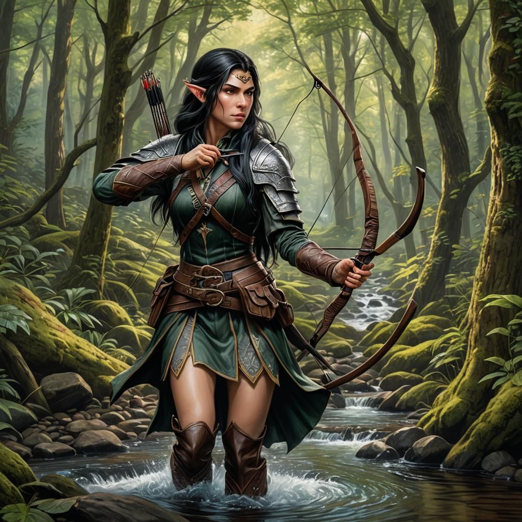 Half-Elf Ranger in Forest, Colored Pencil Drawing