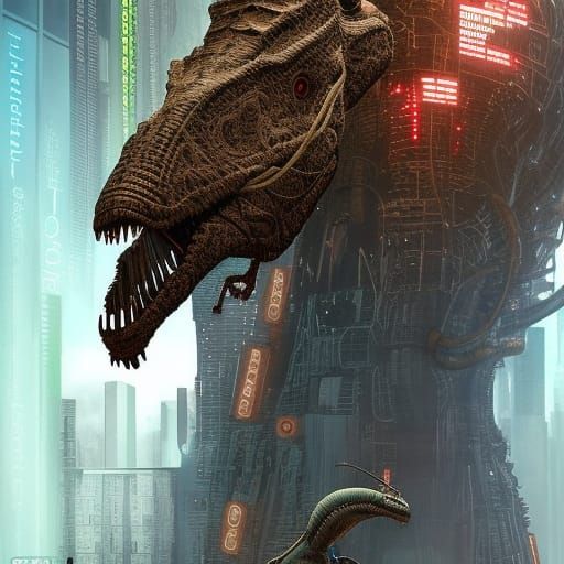 Cyberpunk Dinosaur with Intricate Outfit and Cables