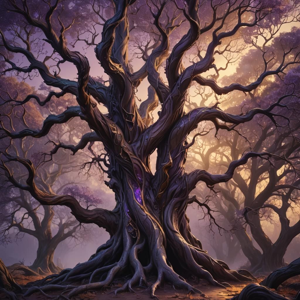 Mystical Tree with Purple Bark and Glowing Leaves