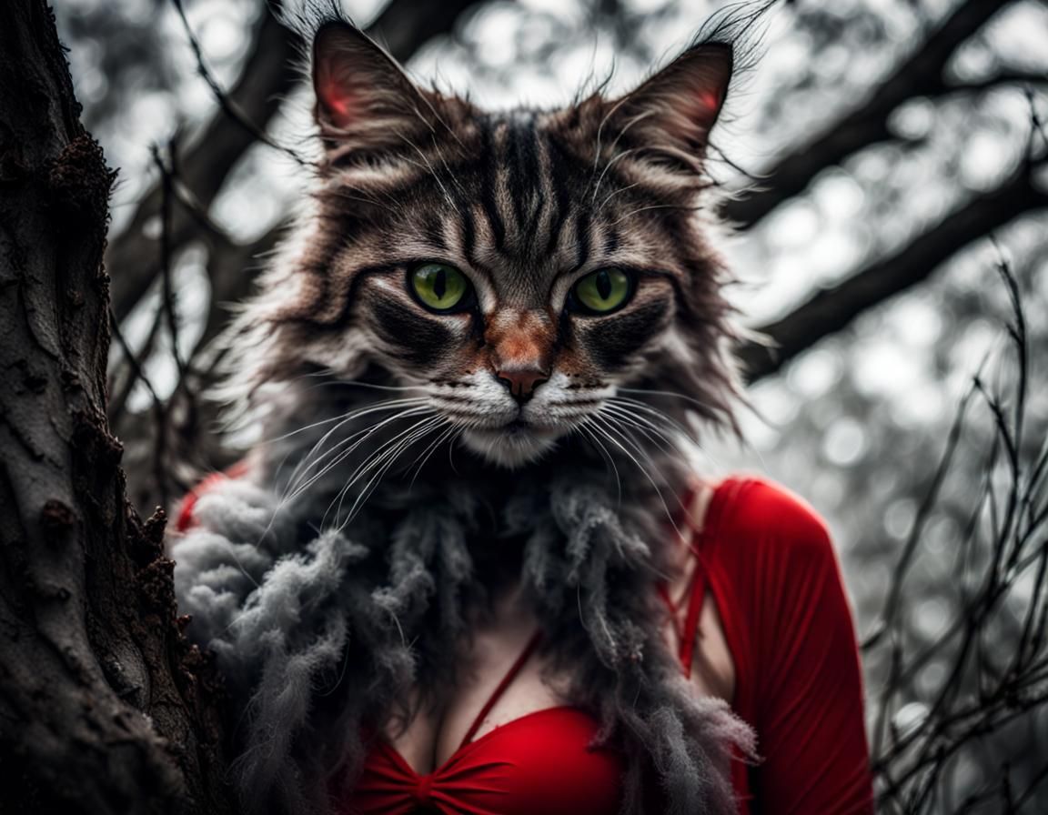 Fluffy Cat in Red Bikini with Surgical Mask