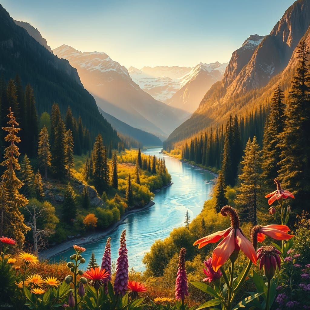 Golden Dawn Valley Landscape with Snow-Capped Mountains