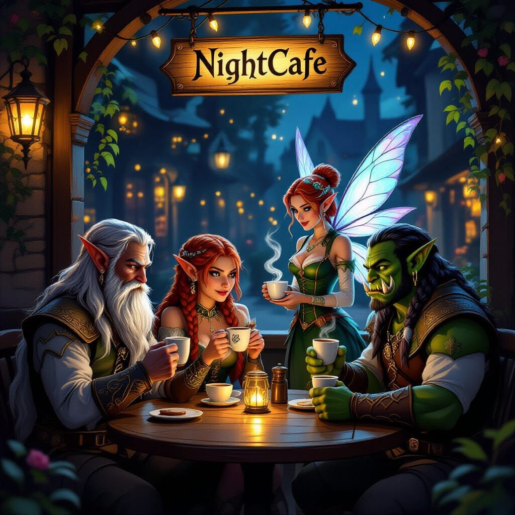 Fantasy Cafe at Night: Elf, Dwarf, Orc Enjoy Coffee