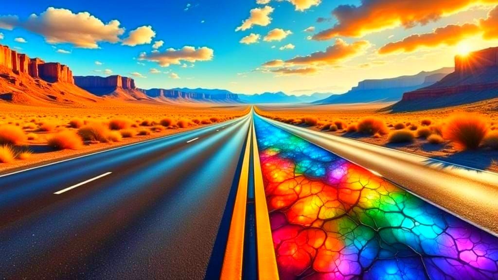 Surreal Highway with Rainbow Lane in Hyperreal Style