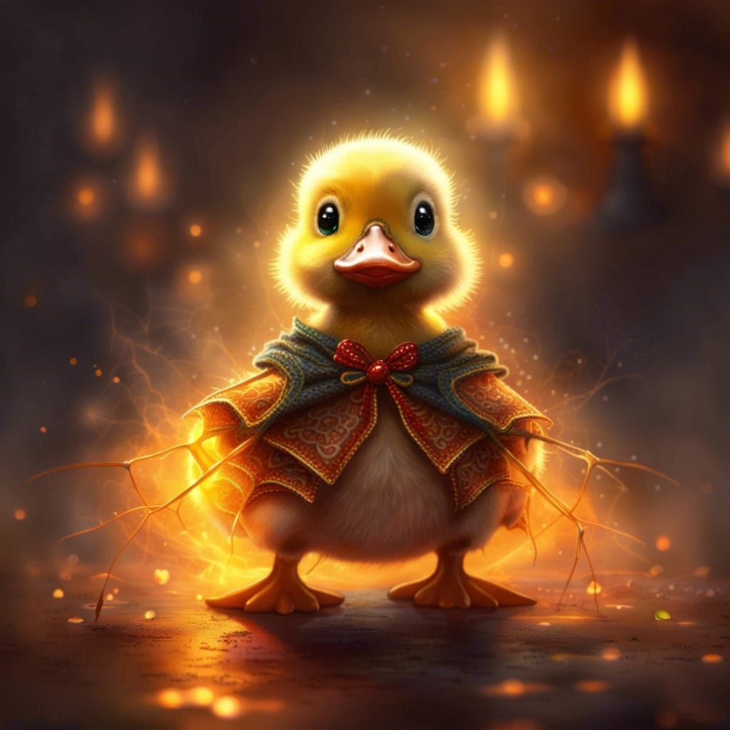 duckling in spider costume for Halloween in fire light