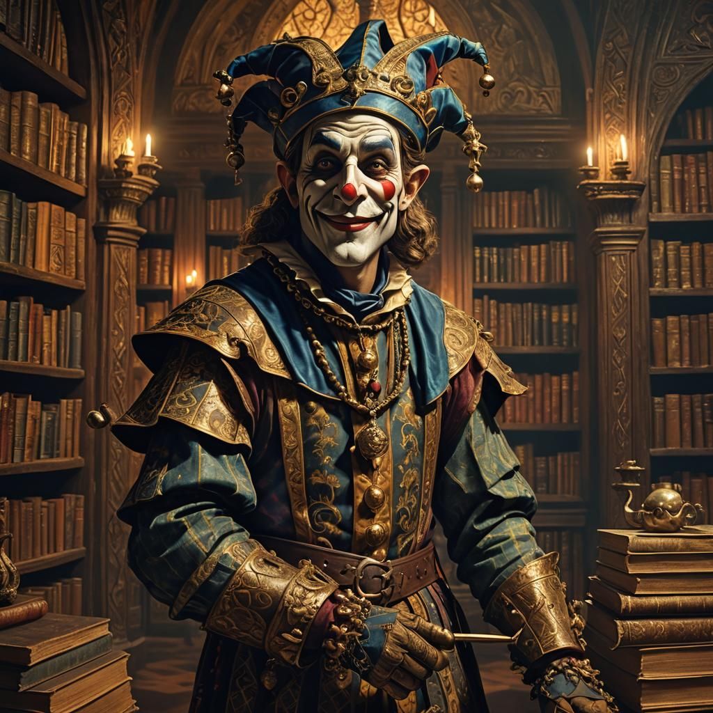 Medieval Jester in Renaissance Study, Digital Matte Painting