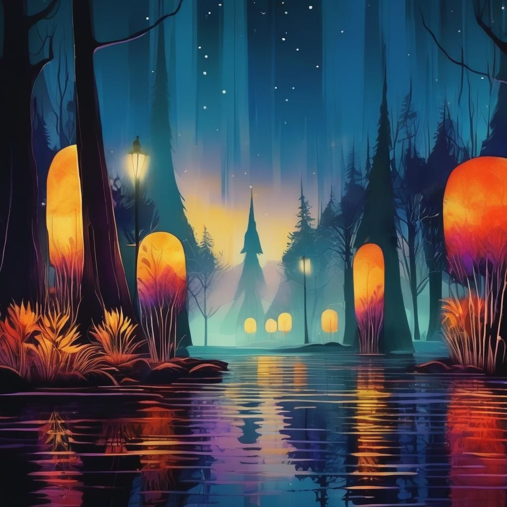 Enchanted Twilight Forest Landscape in Watercolour Style