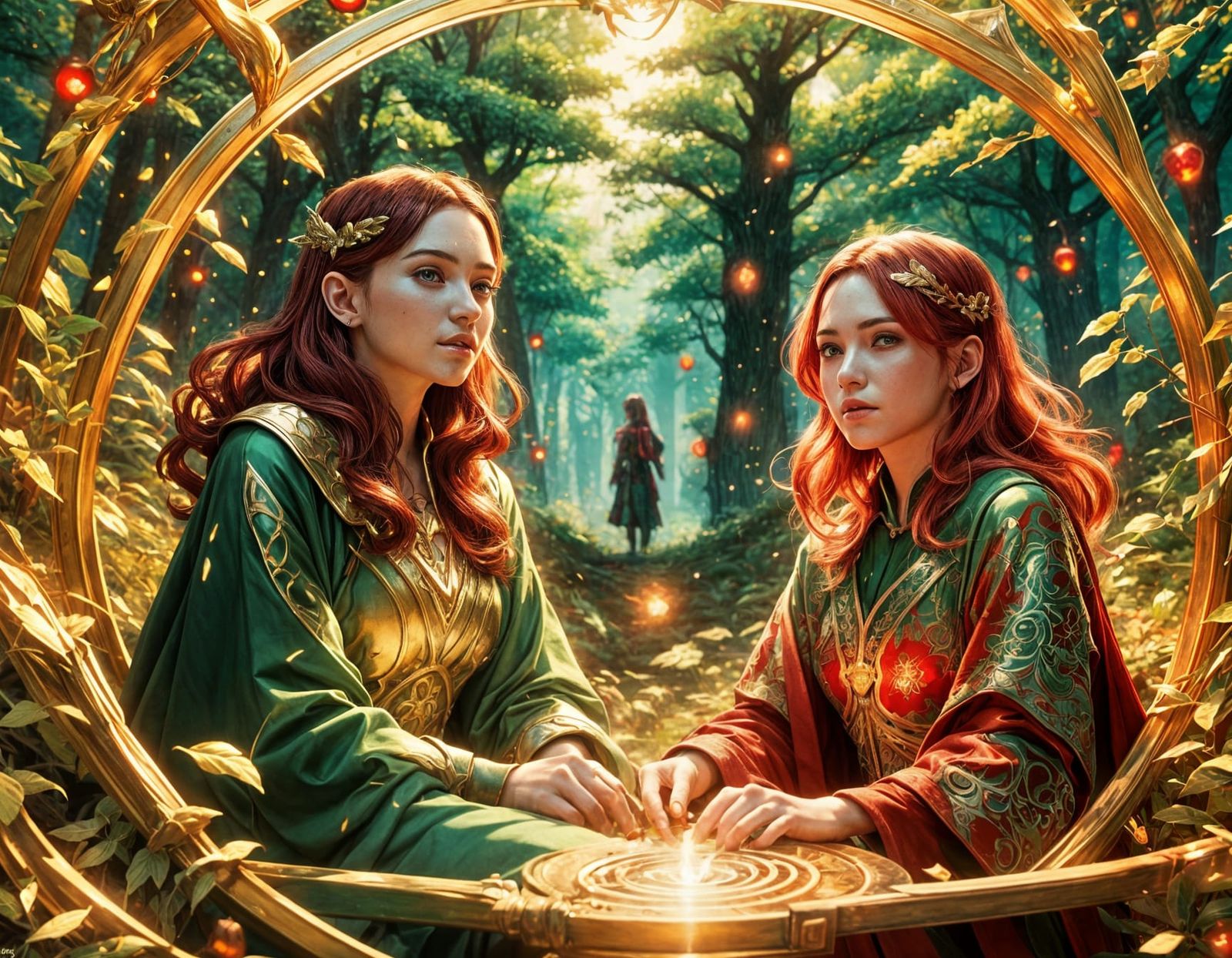 Red and Green Witches in Golden Frame