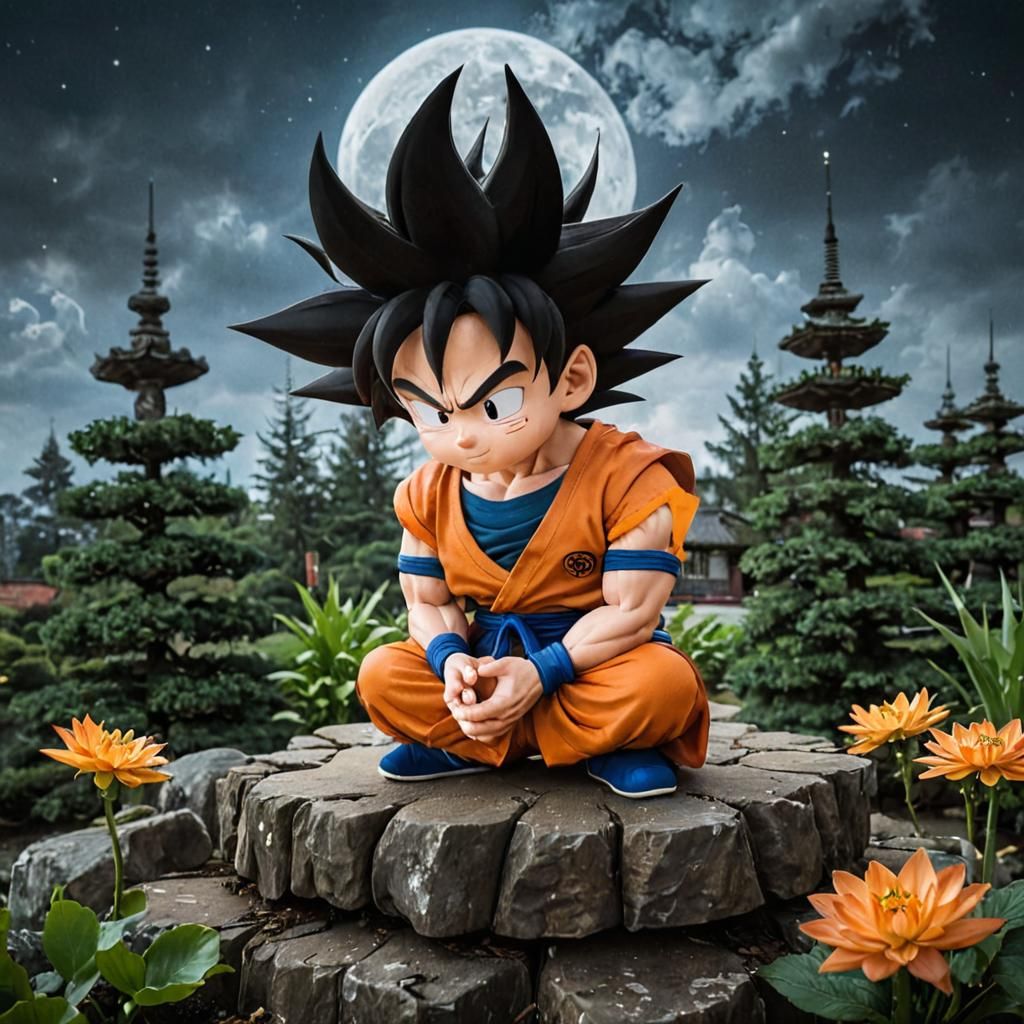 Goku relaxed in meditation on japanisse garden of temple