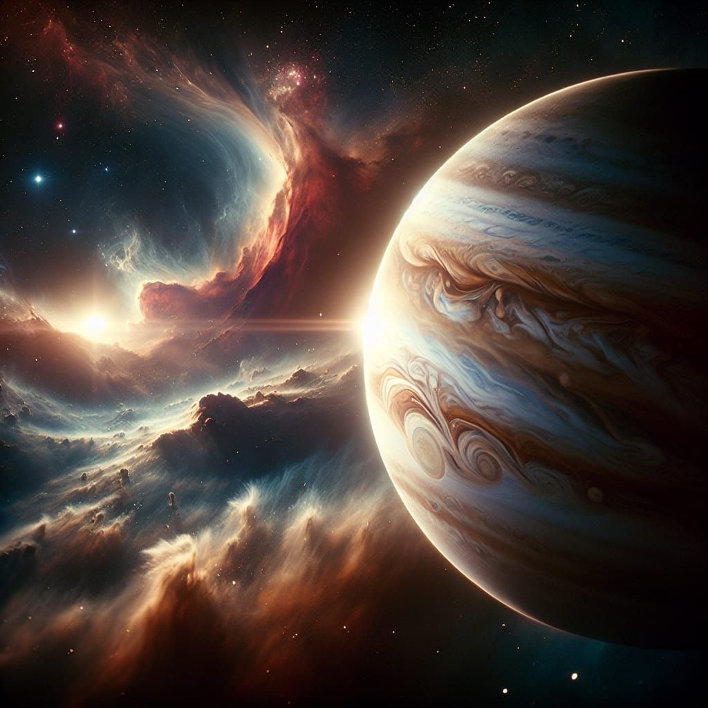 Zeus-like Super-Jupiter with Epic Nebula Backdrop