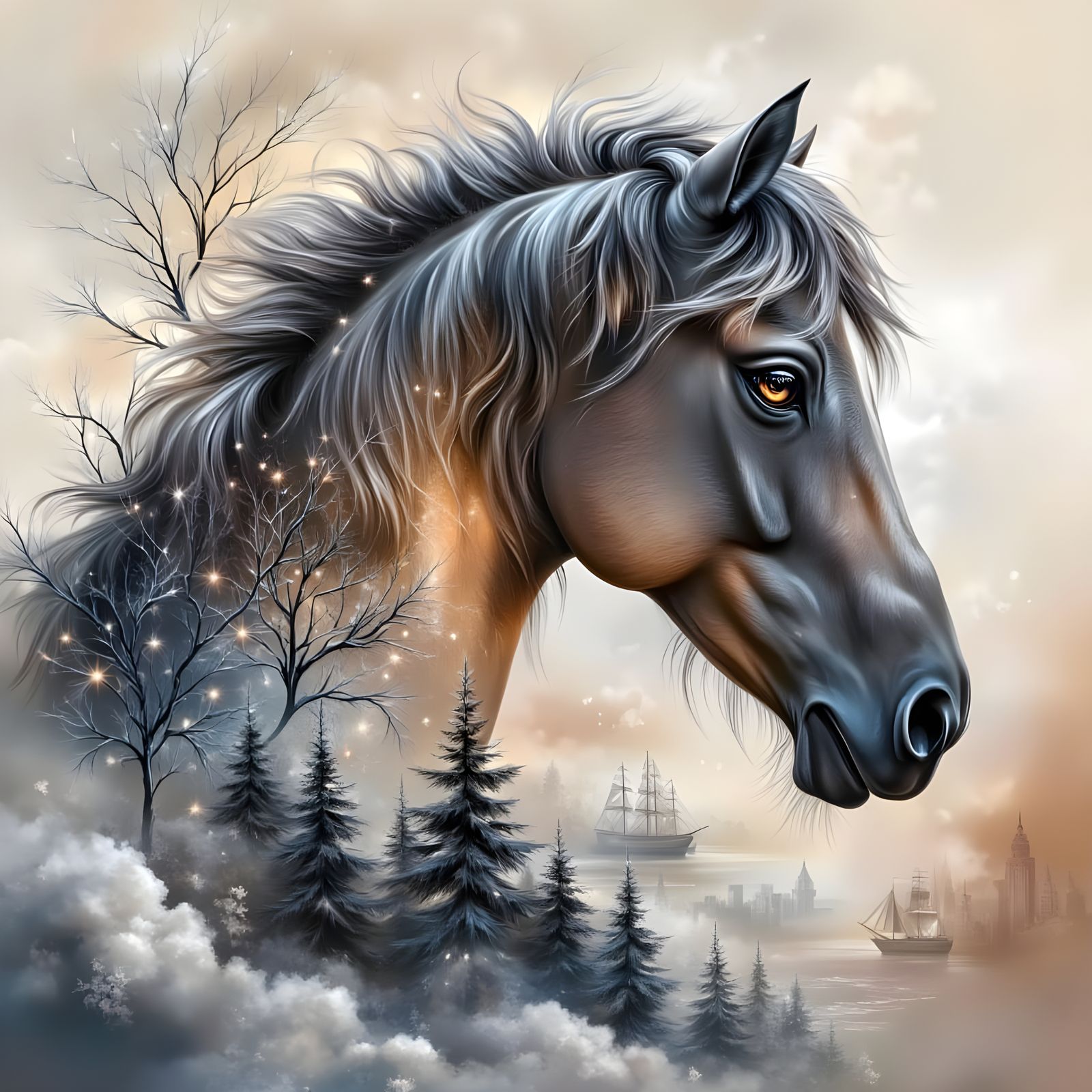 Intricate Winter Scene with Arabian Horse Silhouette