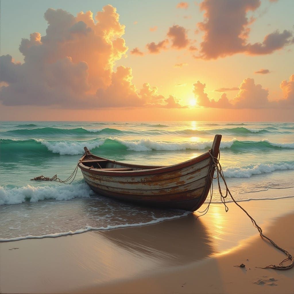 Serenely Resting Wooden Boat at Sunset on Turquoise Water