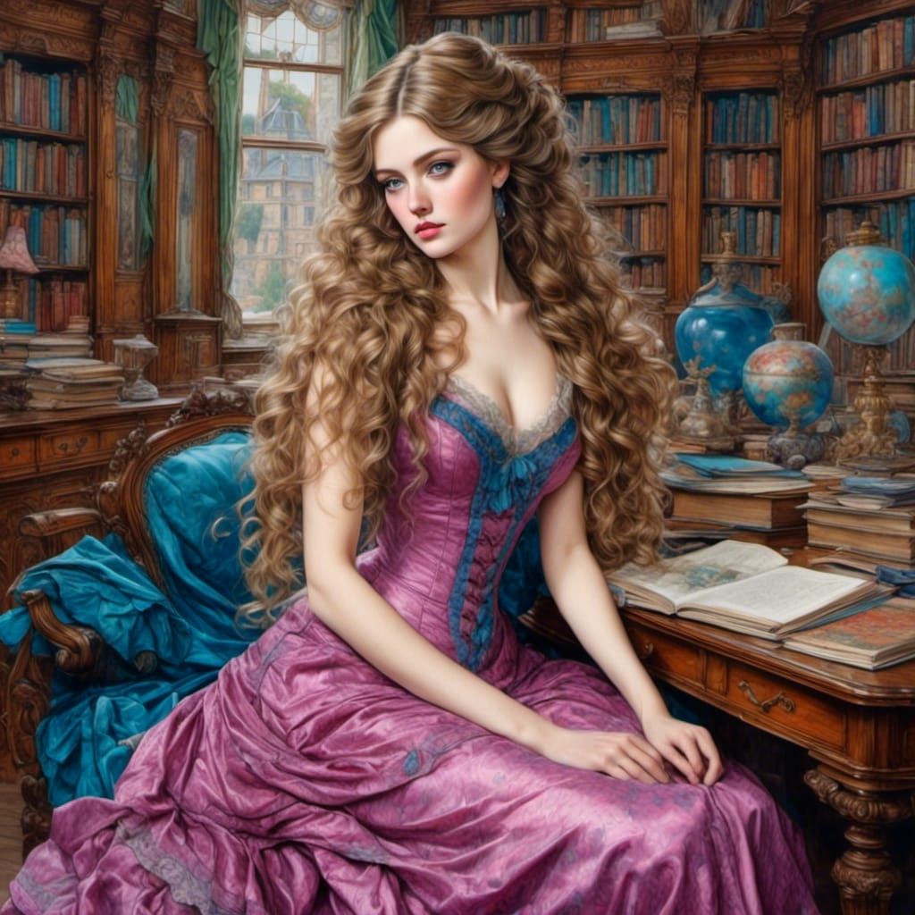 Victorian Beauty in Opulent Library Oil Painting