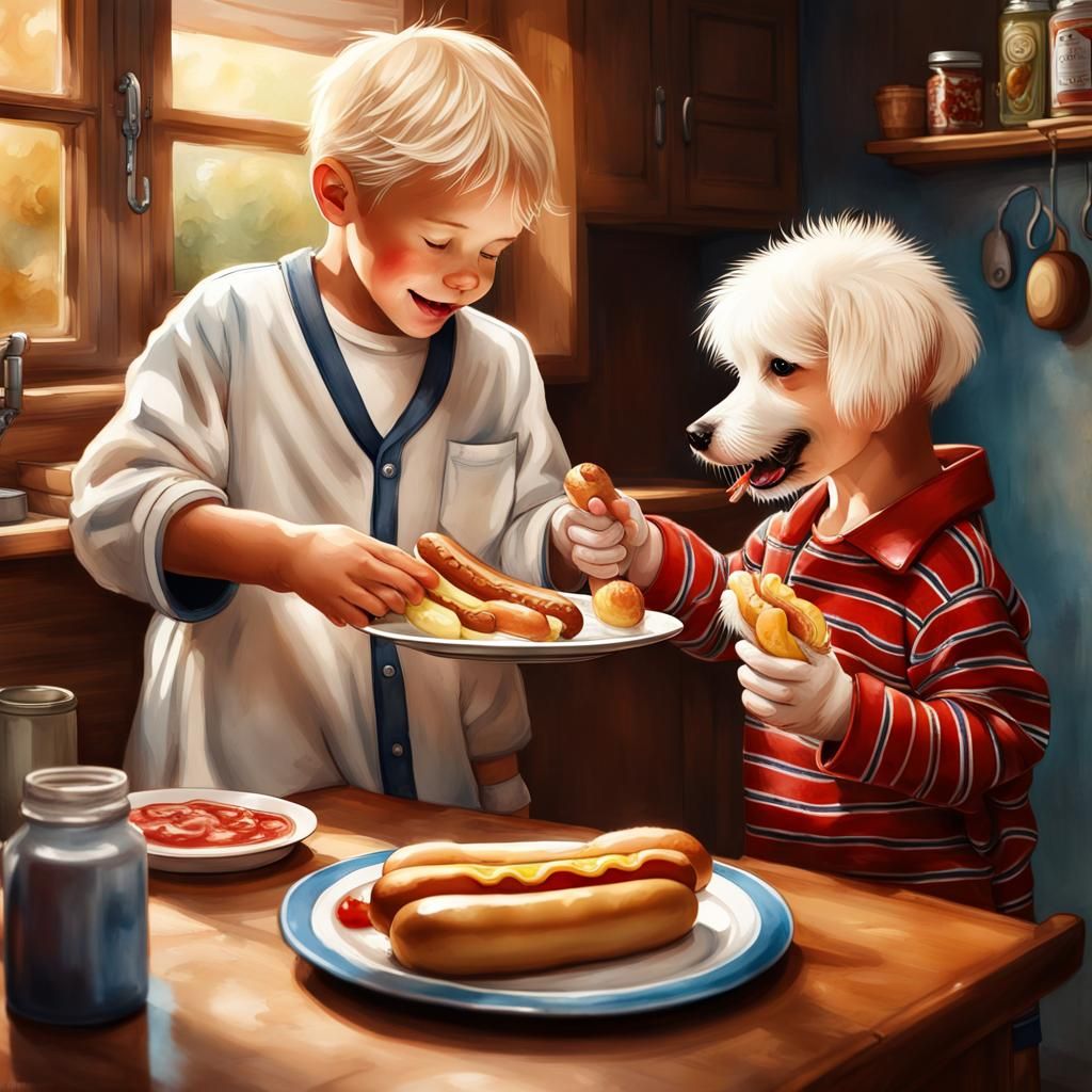 Happy Boy Shares Hotdogs with Dog: Watercolor Style