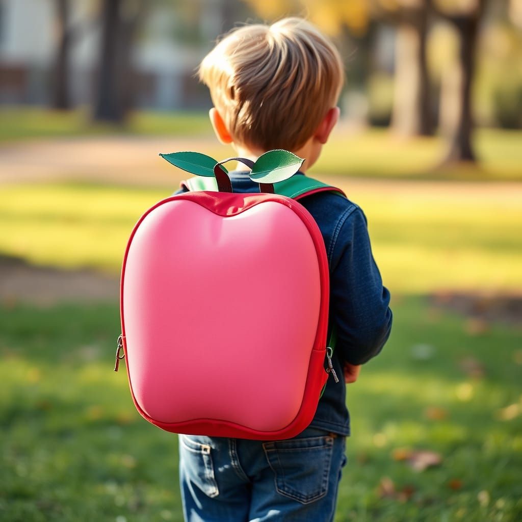Child Walking to School with Unique Apple-Shaped Backpack