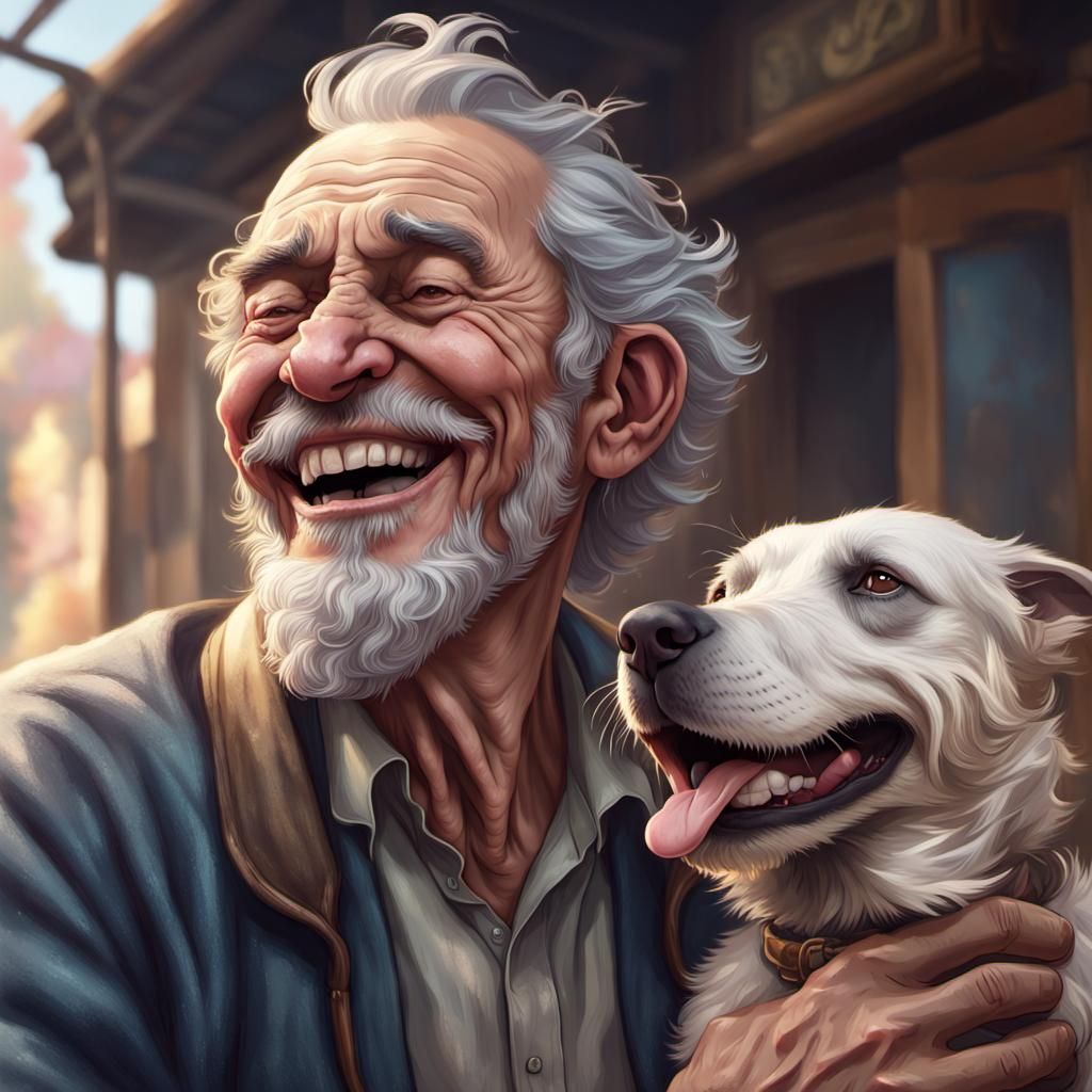 old man laughing with his dog