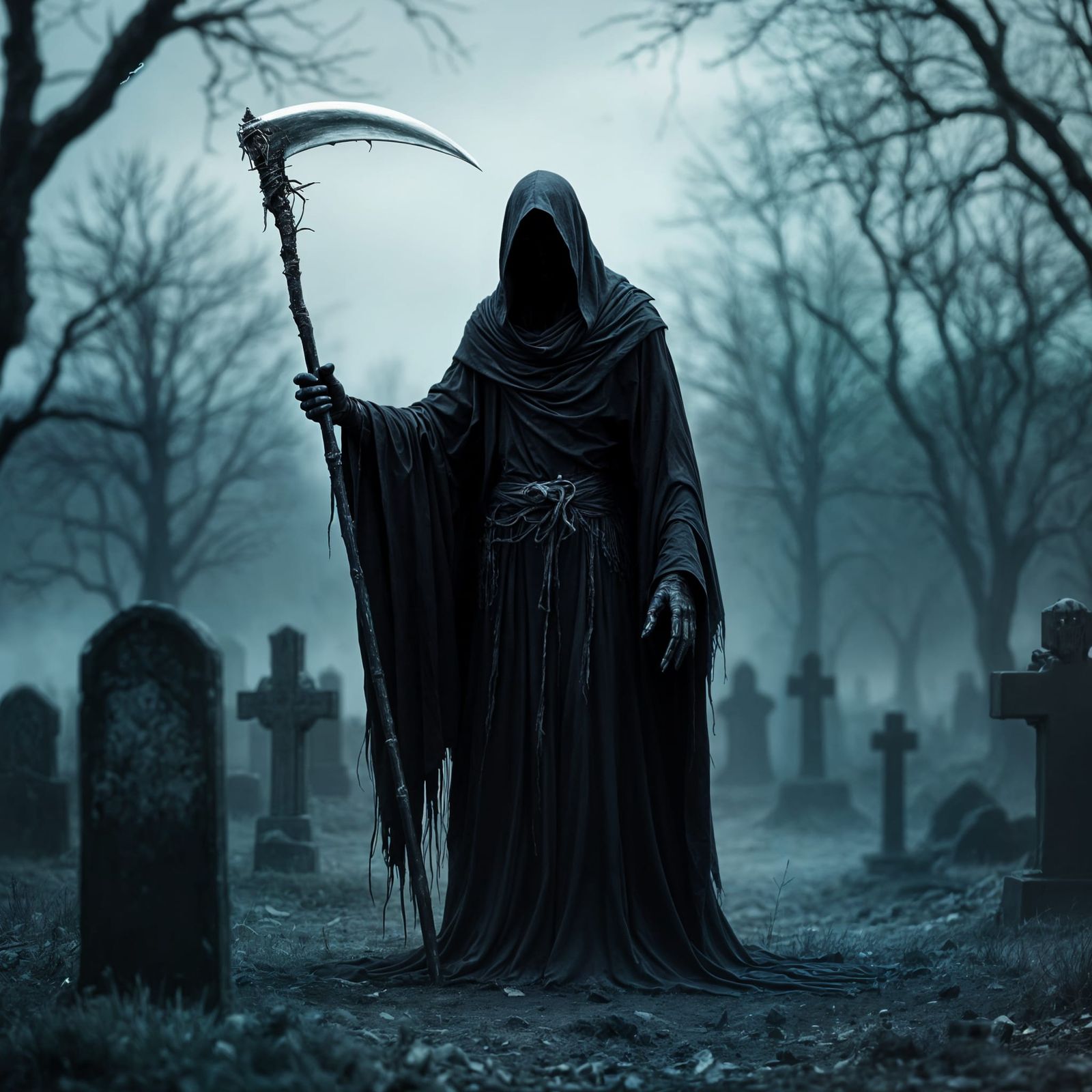 Eerie Grim Reaper in Overcast Cemetery: Photorealistic 8K
