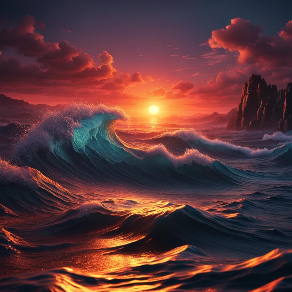 Glowy Sunset Sea Waves: Detailed Fantasy Art