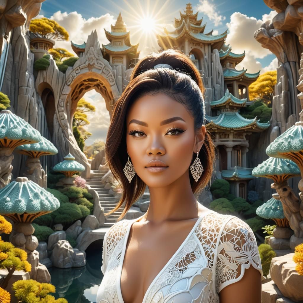 Beautiful Woman in Mandelbulb Gaudi Zen Garden