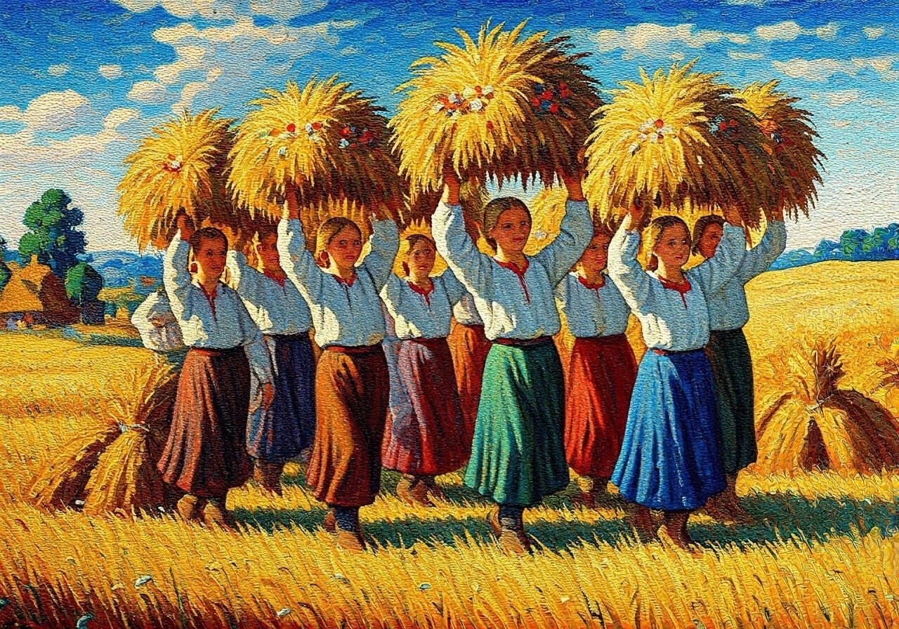 Dożynki Celebration as Pointillist Oil Painting