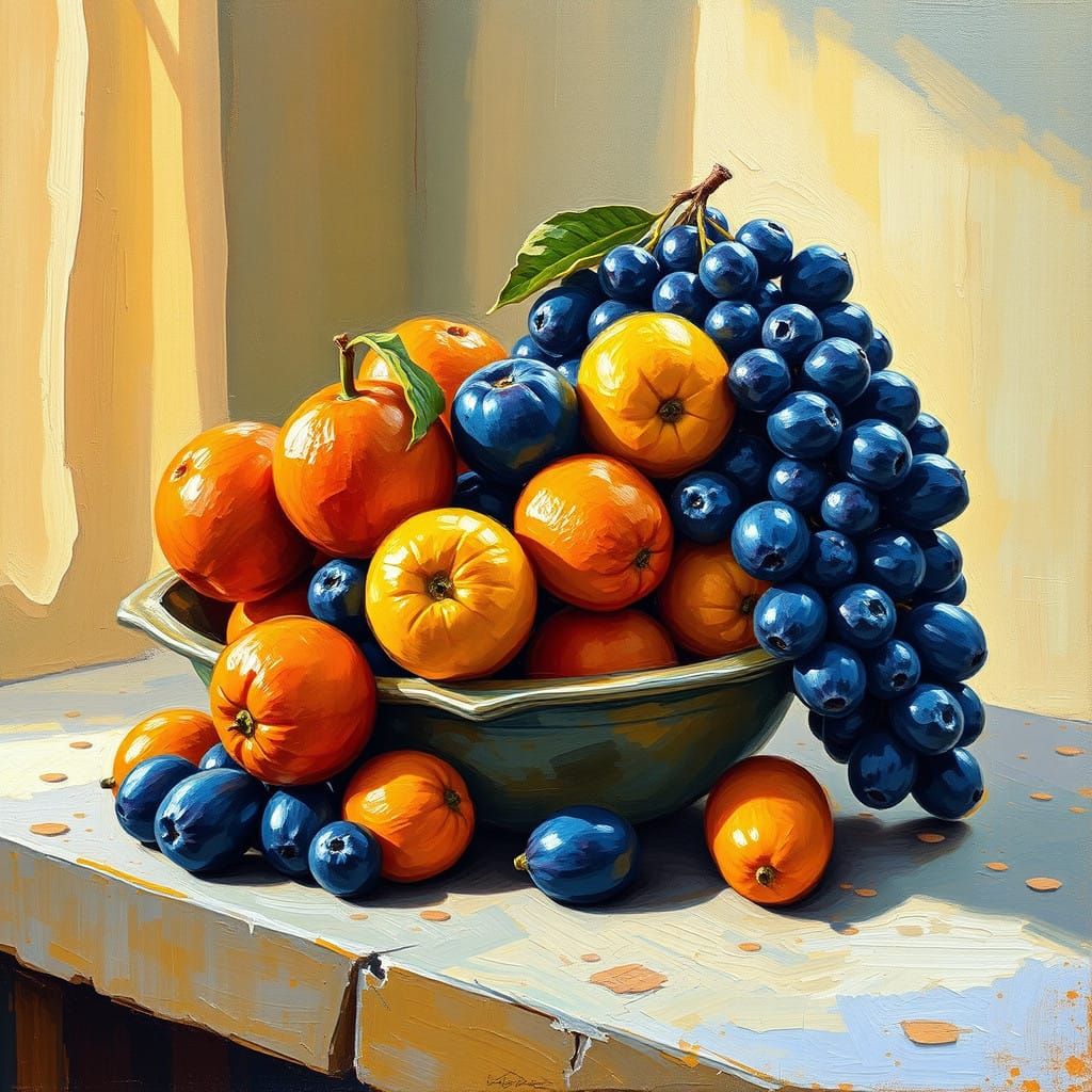 Neo-Impressionist Still Life of a Vibrant Fruit Bowl