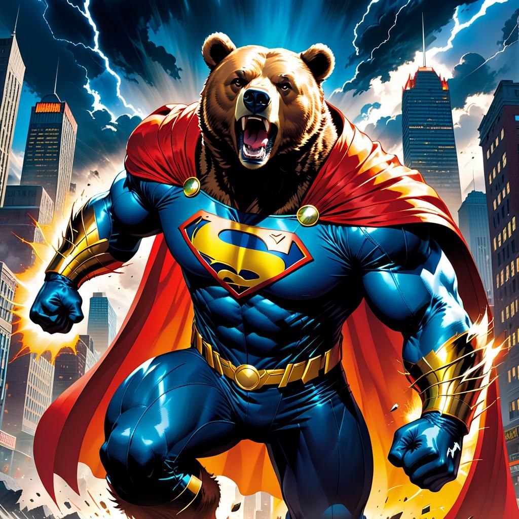 Bear Superhero Saves City: Dynamic Comic Art