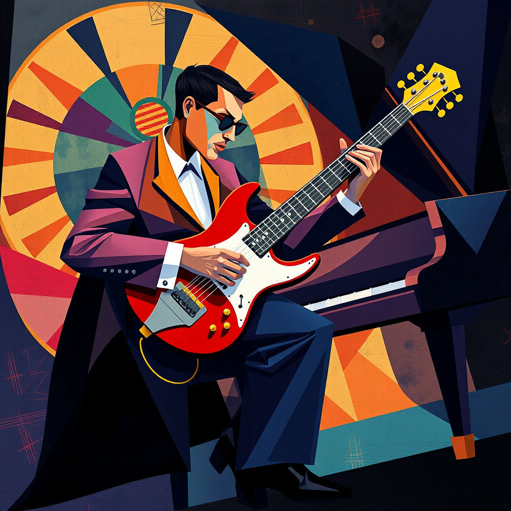 Guitar Plays Piano in Neo-Cubist Fauvist Style