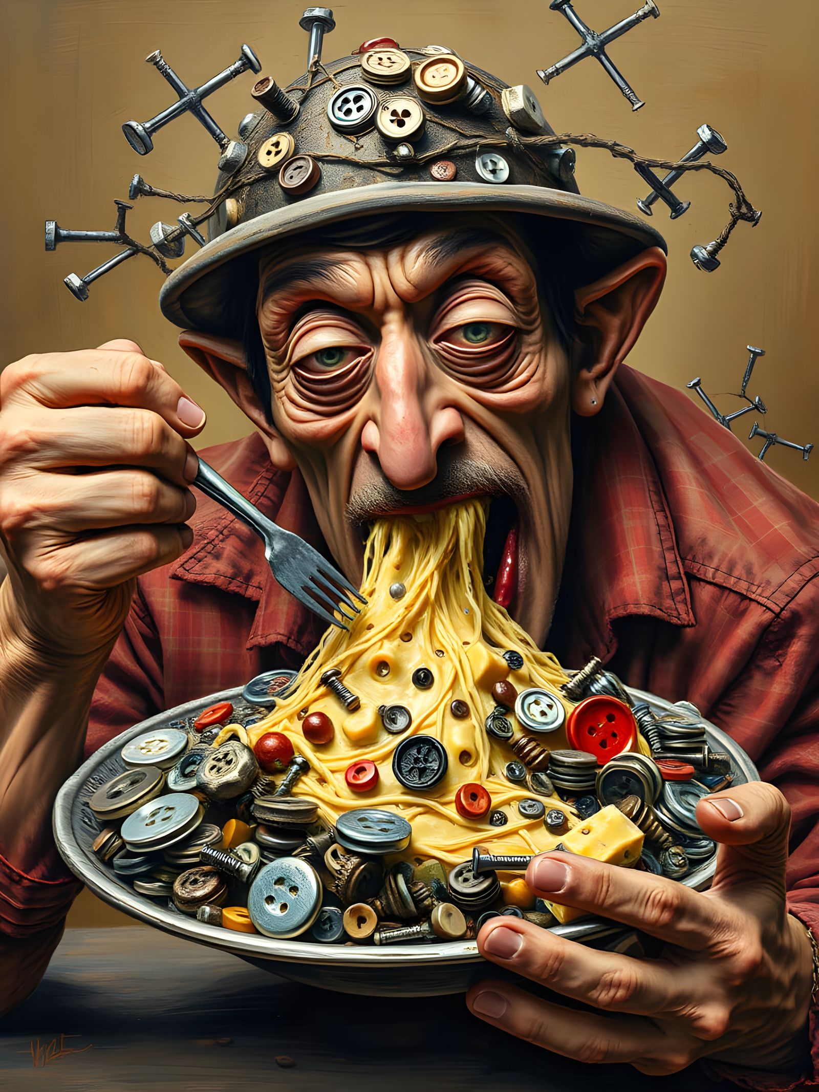 Man Eats Metal and Cheese: Acrylic Paint Masterpiece
