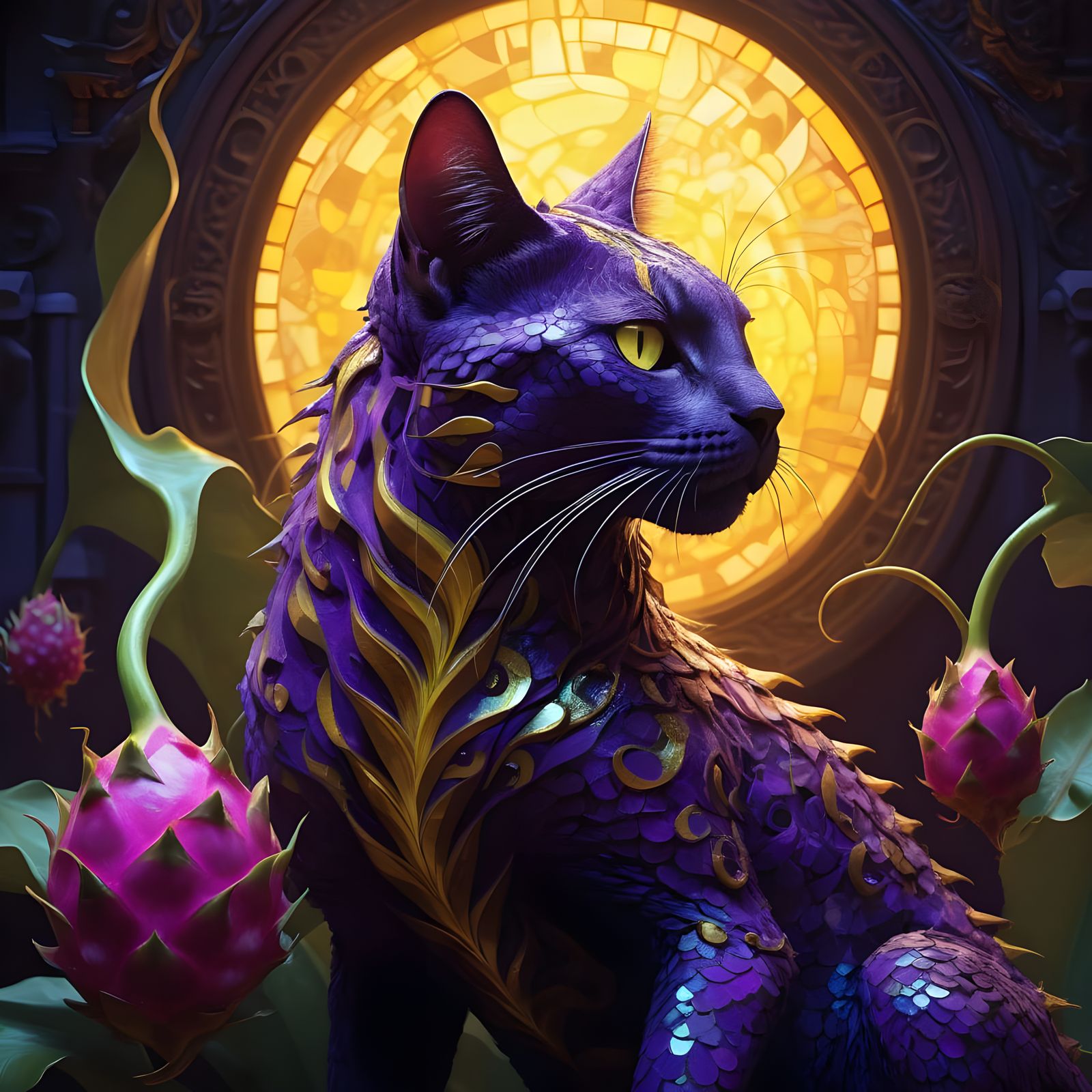 Majestic Dragon Fruit Cat in Vibrant Dark Fantasy Style