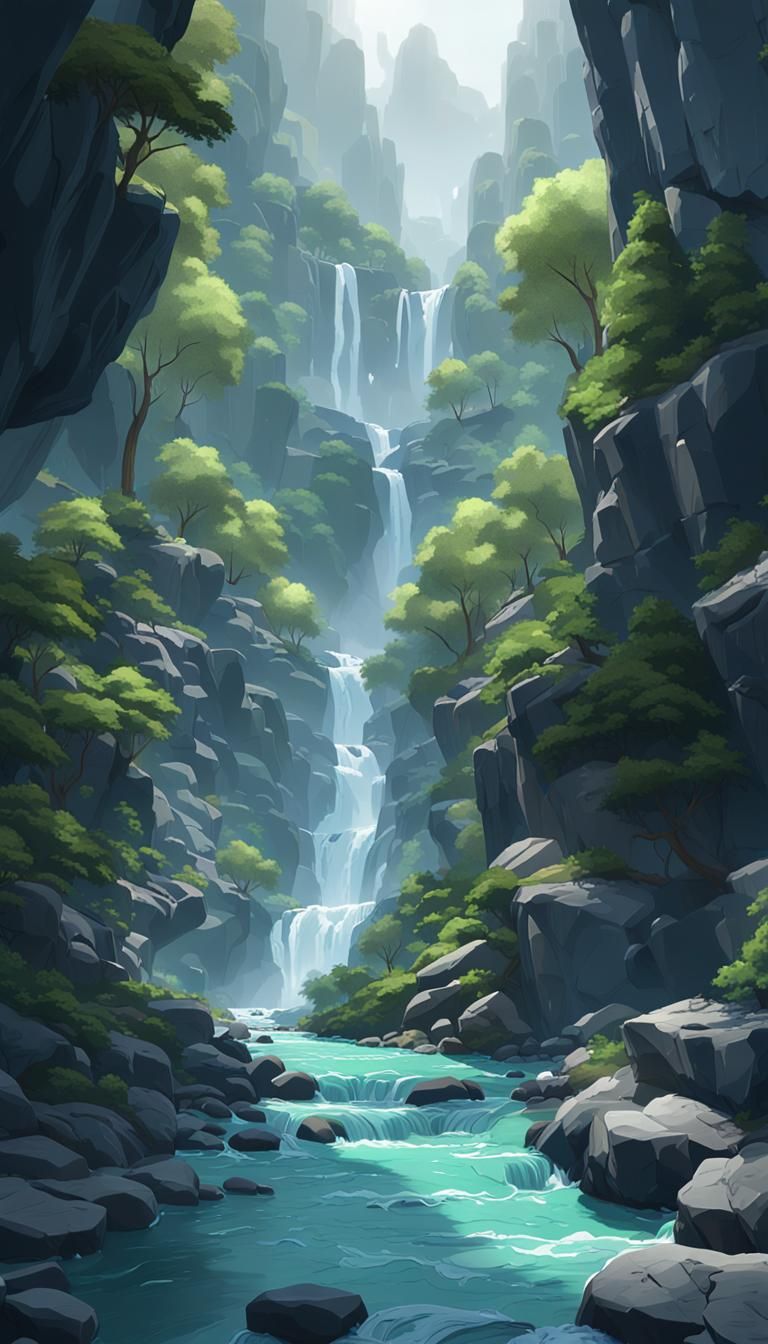 Epic Gorge with Roaring Cascades in 3D Style